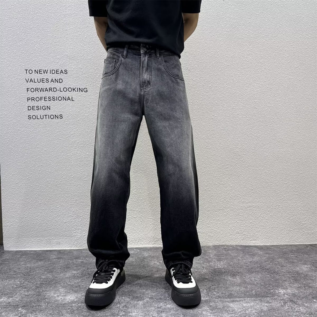 Gradient Distressed Denim Pants Loose Straight Leg