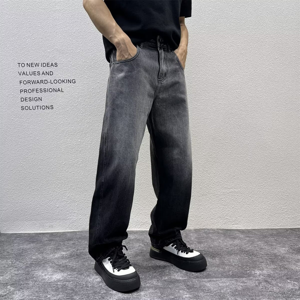 Gradient Distressed Denim Pants Loose Straight Leg