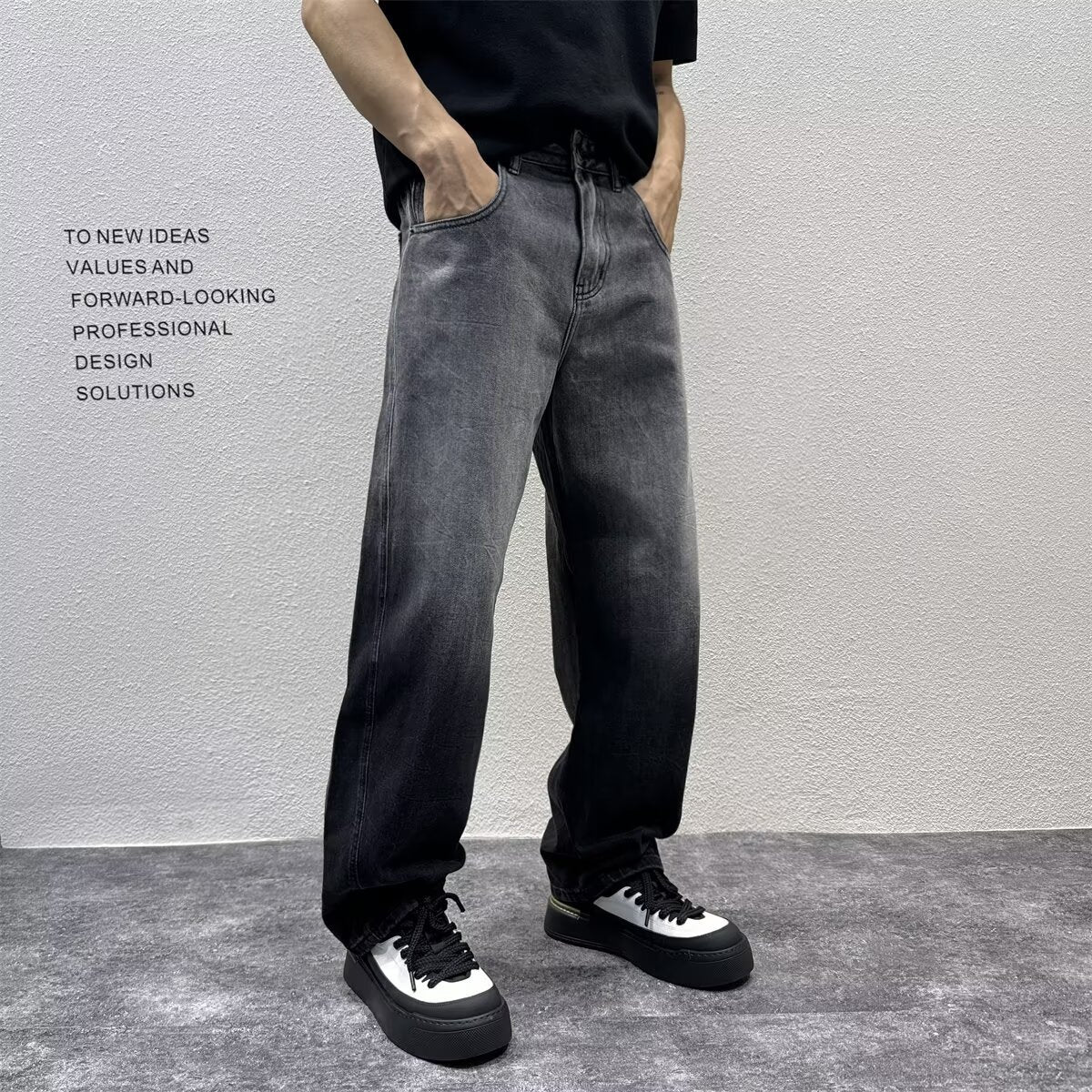 Gradient Distressed Denim Pants Loose Straight Leg