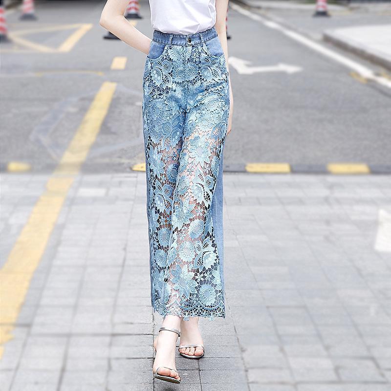Design Lace Patchwork Straight Leg Denim Pants