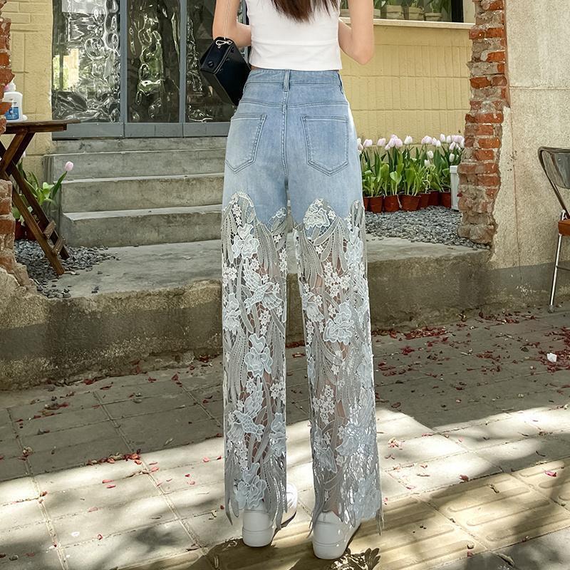 Design Lace Patchwork Straight Leg Denim Pants