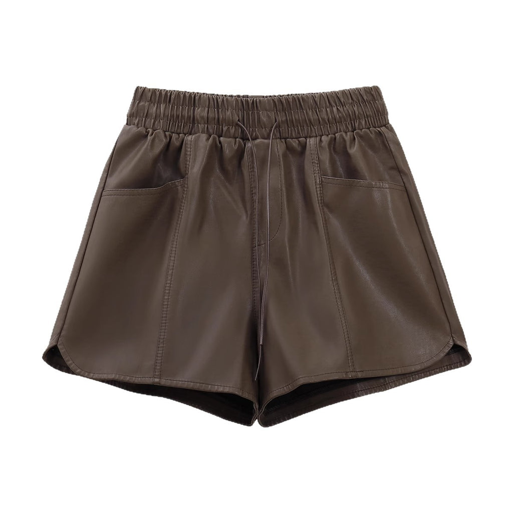 Elastic High-Waisted PU Leather Shorts for Women