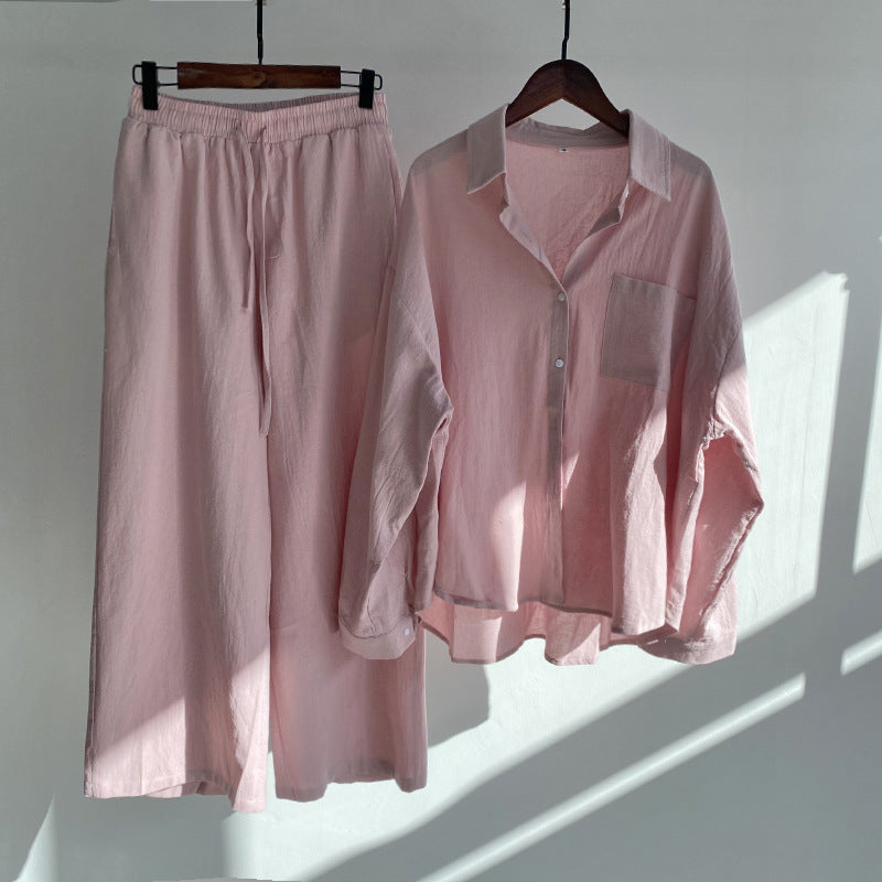 cotton and linen shirts, high-waisted loose trousers