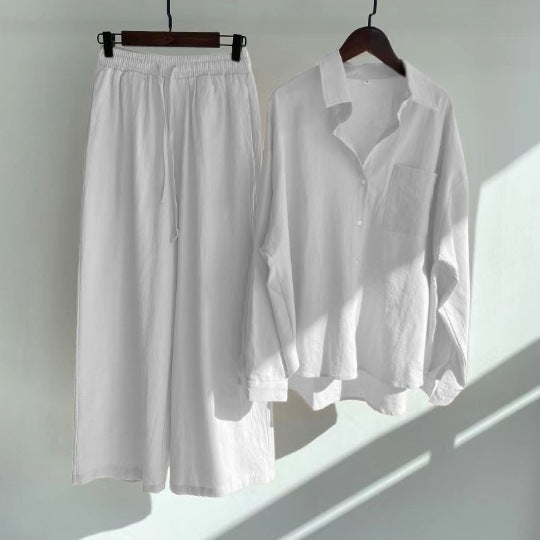 cotton and linen shirts, high-waisted loose trousers