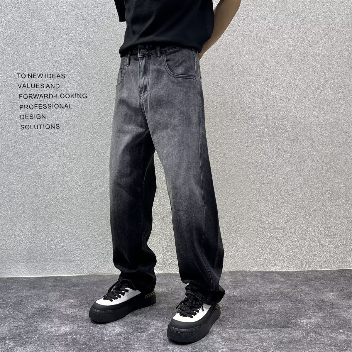 Gradient Distressed Denim Pants Loose Straight Leg