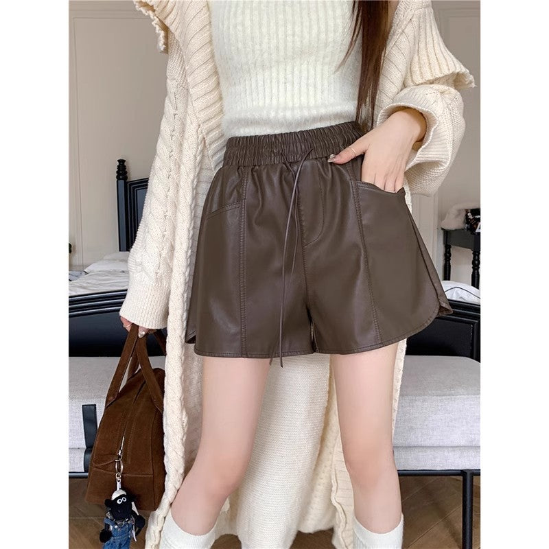 Elastic High-Waisted PU Leather Shorts for Women