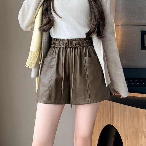 Elastic High-Waisted PU Leather Shorts for Women
