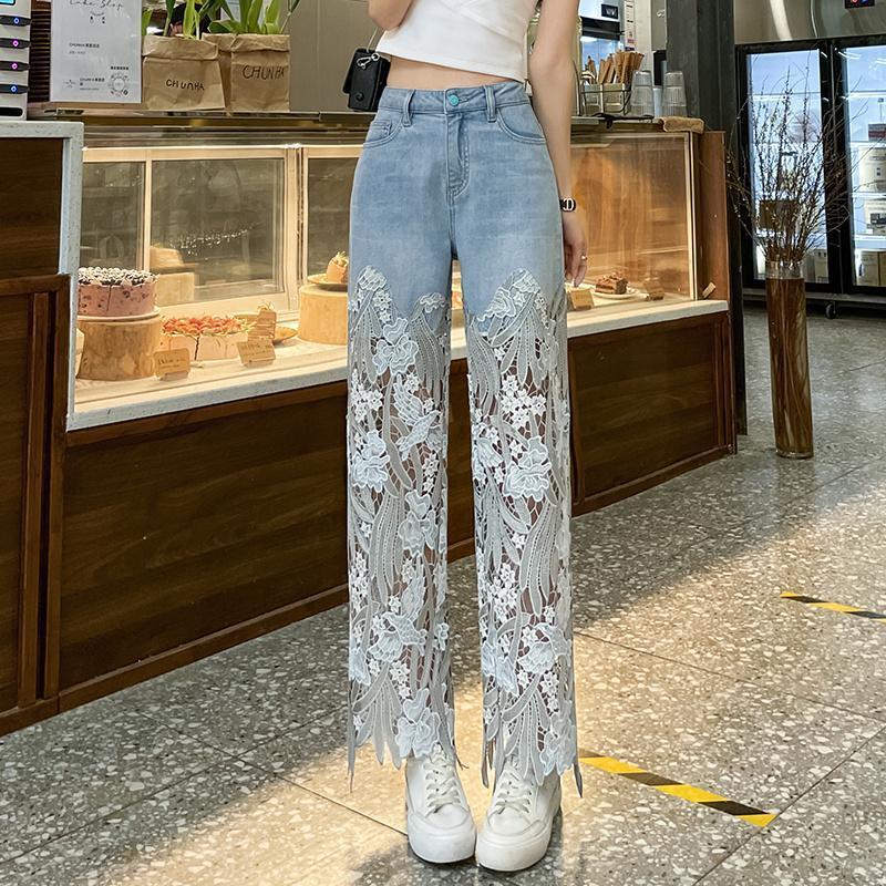 Design Lace Patchwork Straight Leg Denim Pants