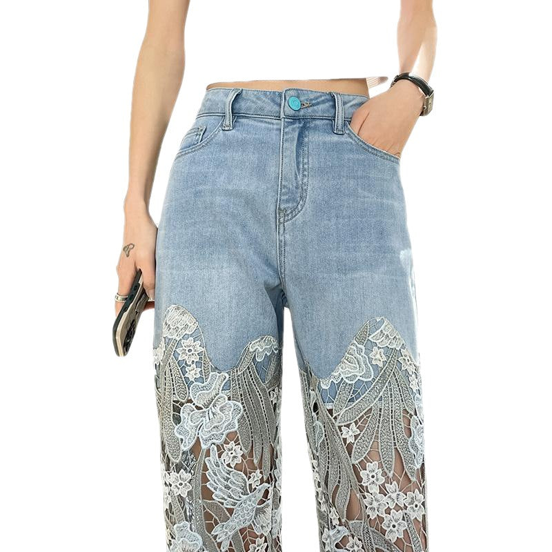 Design Lace Patchwork Straight Leg Denim Pants