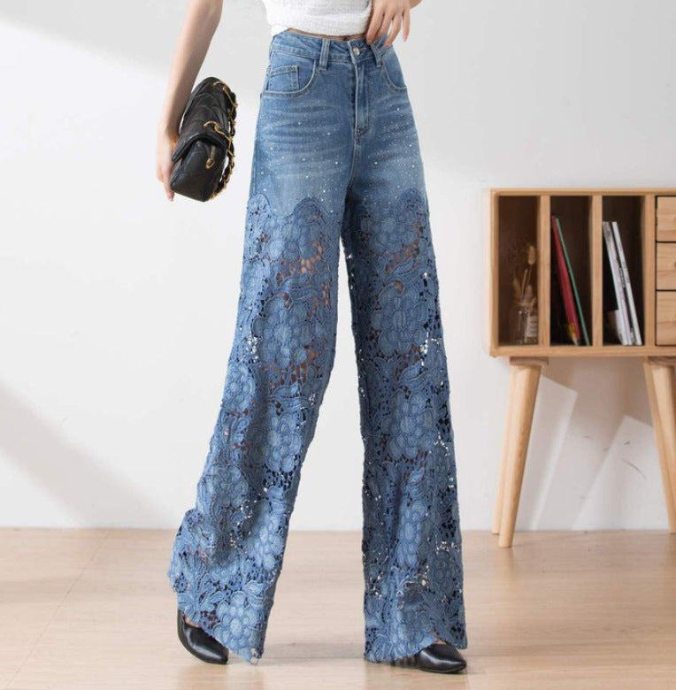 Design Lace Patchwork Straight Leg Denim Pants