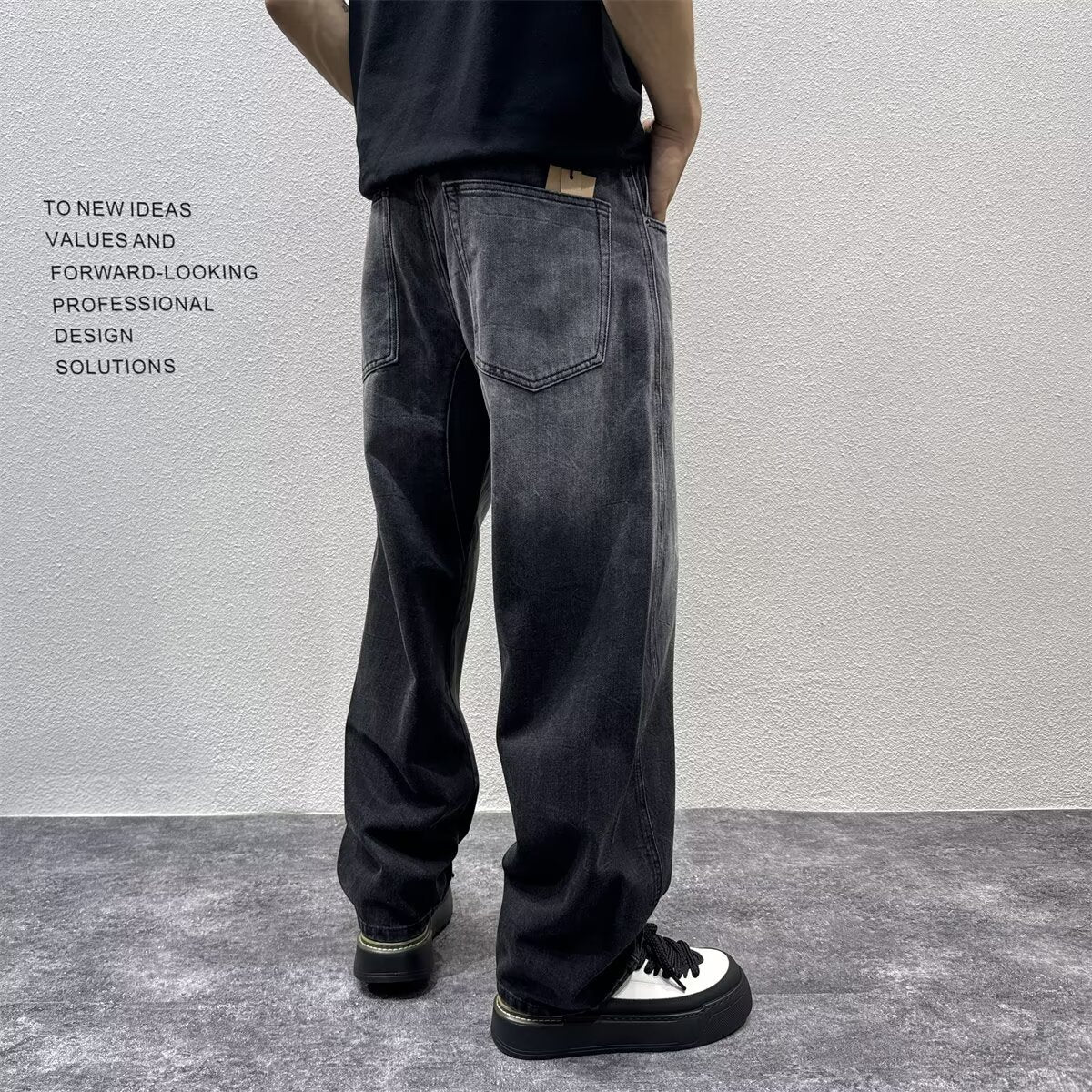 Gradient Distressed Denim Pants Loose Straight Leg