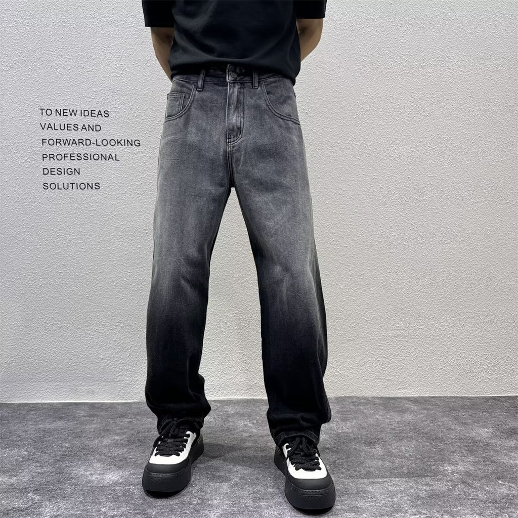 Gradient Distressed Denim Pants Loose Straight Leg