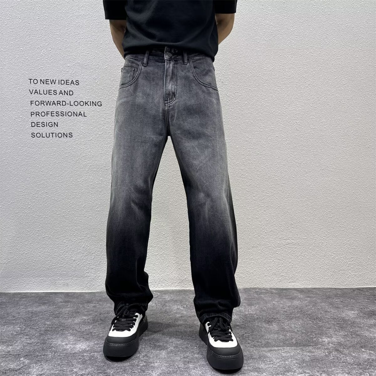 Gradient Distressed Denim Pants Loose Straight Leg